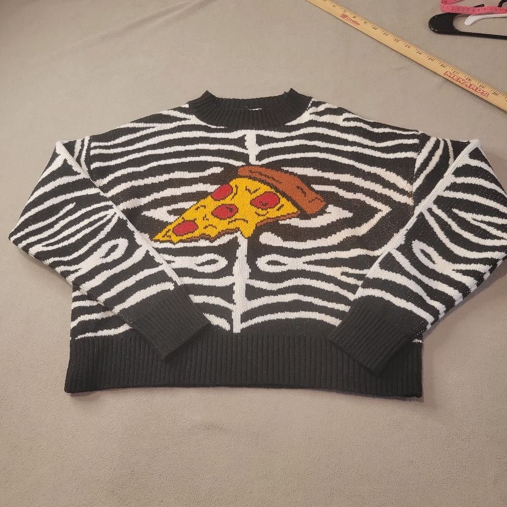 Zara Pizza Knit Sweater Black White Print Size Small